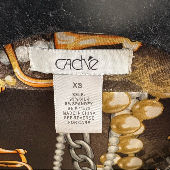 Cache Vintage Black & Gold Chain Print Snap Button Silk Blend Blouse Size XS - Picture 3 of 4